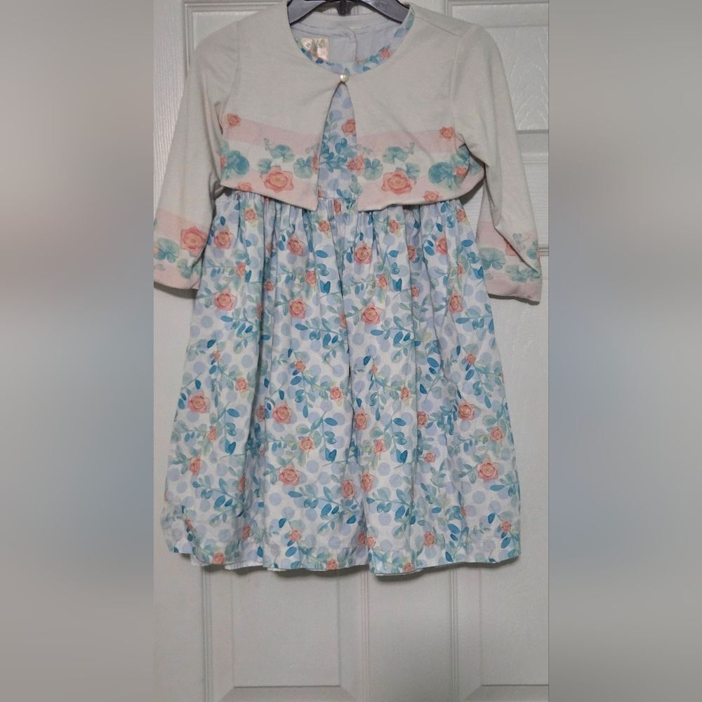 Laura Ashley London 6X Girl's Blue White  Floral Print  Dress& Bolero Jacket Set